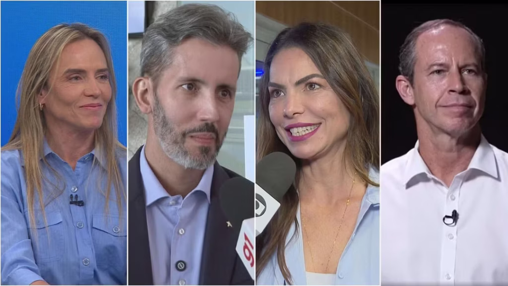 Composição vertical com quatro quadros apresentando candidatos e lideranças políticas do Distrito Federal. Da esquerda para a direita: a governadora Celina Leão, de cabelo loiro e camisa azul; Leandro Grass, de terno escuro, camisa azul-claro e barba grisalha, falando próximo a microfones; Paula Belmonte, de cabelo escuro longo, sorrindo diante de microfones de reportagem; e Ricardo Capelli, vestindo camisa social branca, sobre fundo escuro.