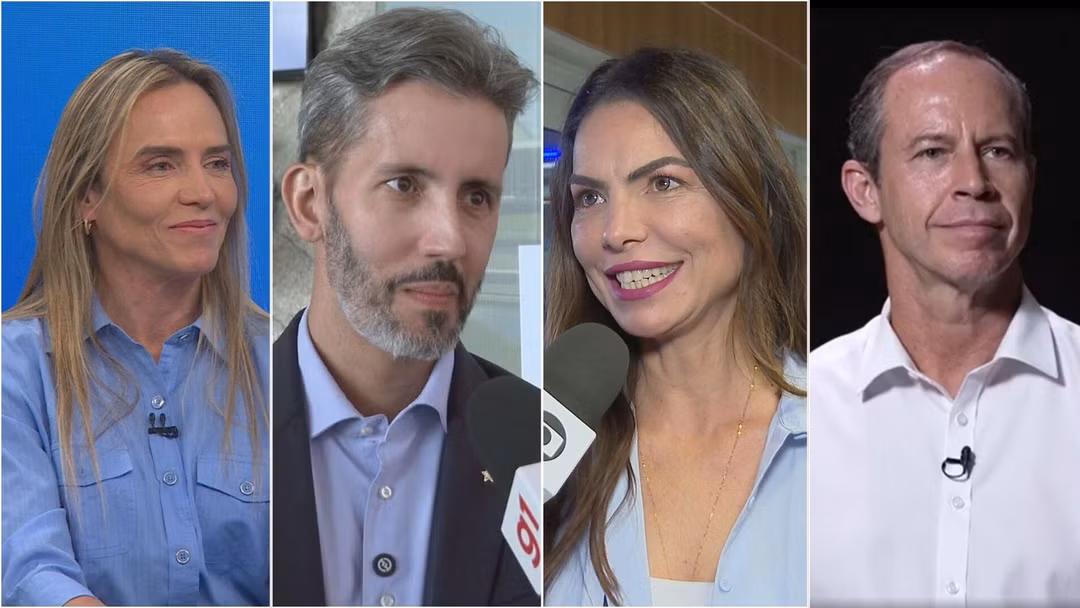 Composição vertical com quatro quadros apresentando candidatos e lideranças políticas do Distrito Federal. Da esquerda para a direita: a governadora Celina Leão, de cabelo loiro e camisa azul; Leandro Grass, de terno escuro, camisa azul-claro e barba grisalha, falando próximo a microfones; Paula Belmonte, de cabelo escuro longo, sorrindo diante de microfones de reportagem; e Ricardo Capelli, vestindo camisa social branca, sobre fundo escuro.
