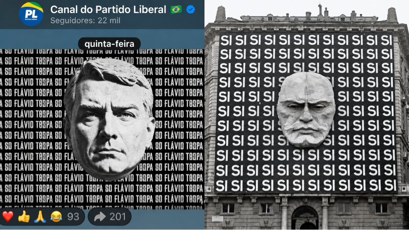 PL reproduz imagem associada à propaganda de Mussolini em material de Flávio Bolsonaro